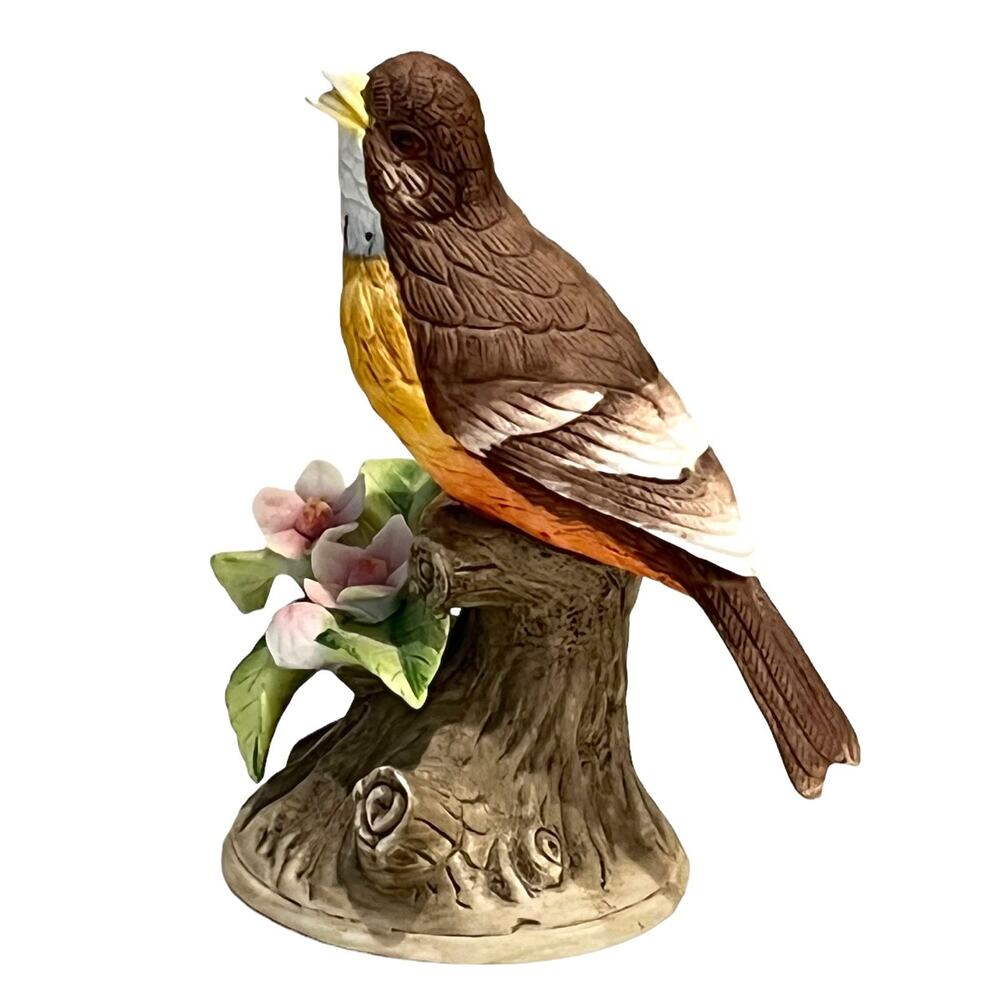 Lefton China Robin Bird Figurine 5.5" Porcelain Tree Figure Pink Flowers Vtg